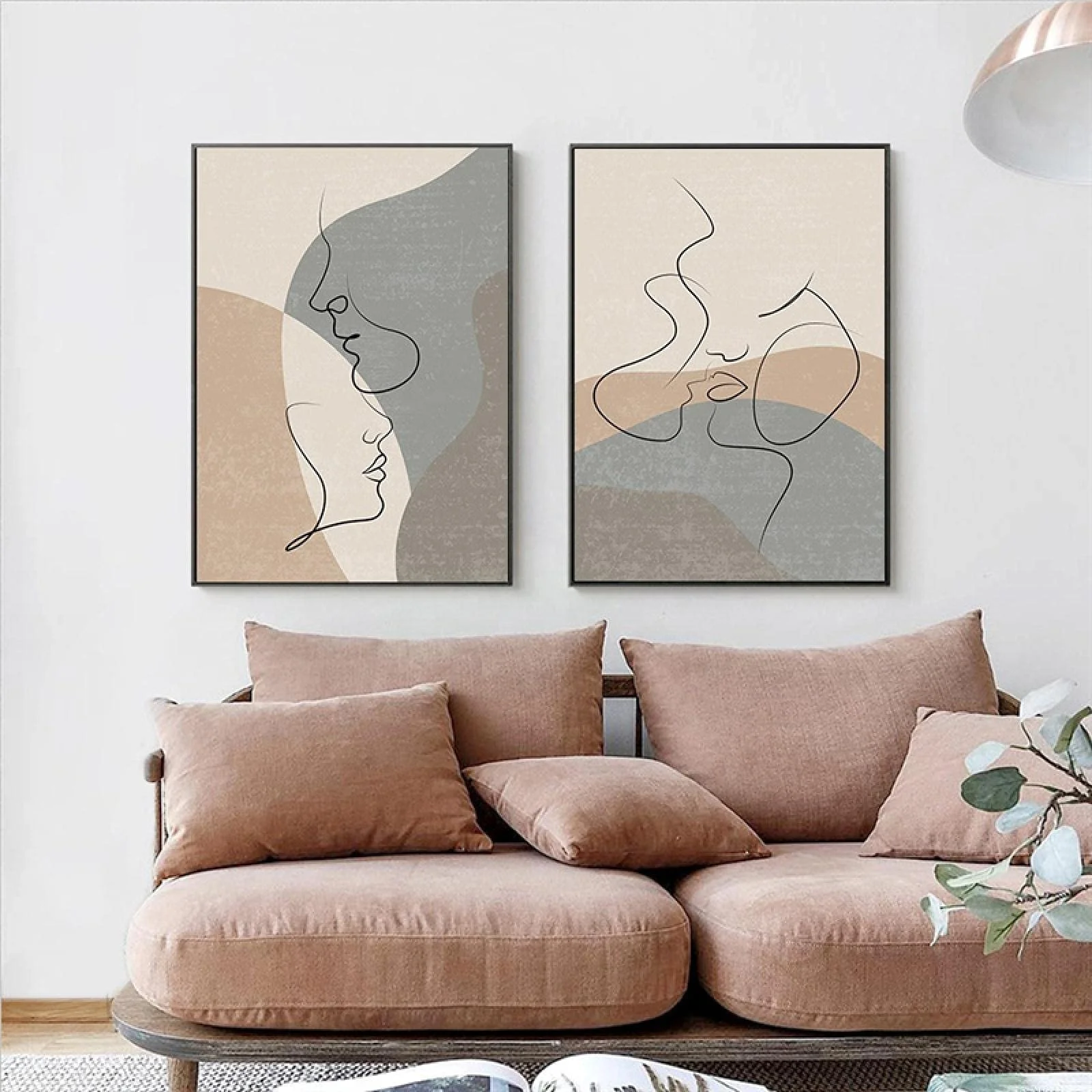 2 Pieces Abstract Geometric Lines Face Canvas Painting Boho Style Minimalist Figure Couple Lovers Kiss Wall Art Posters Printed