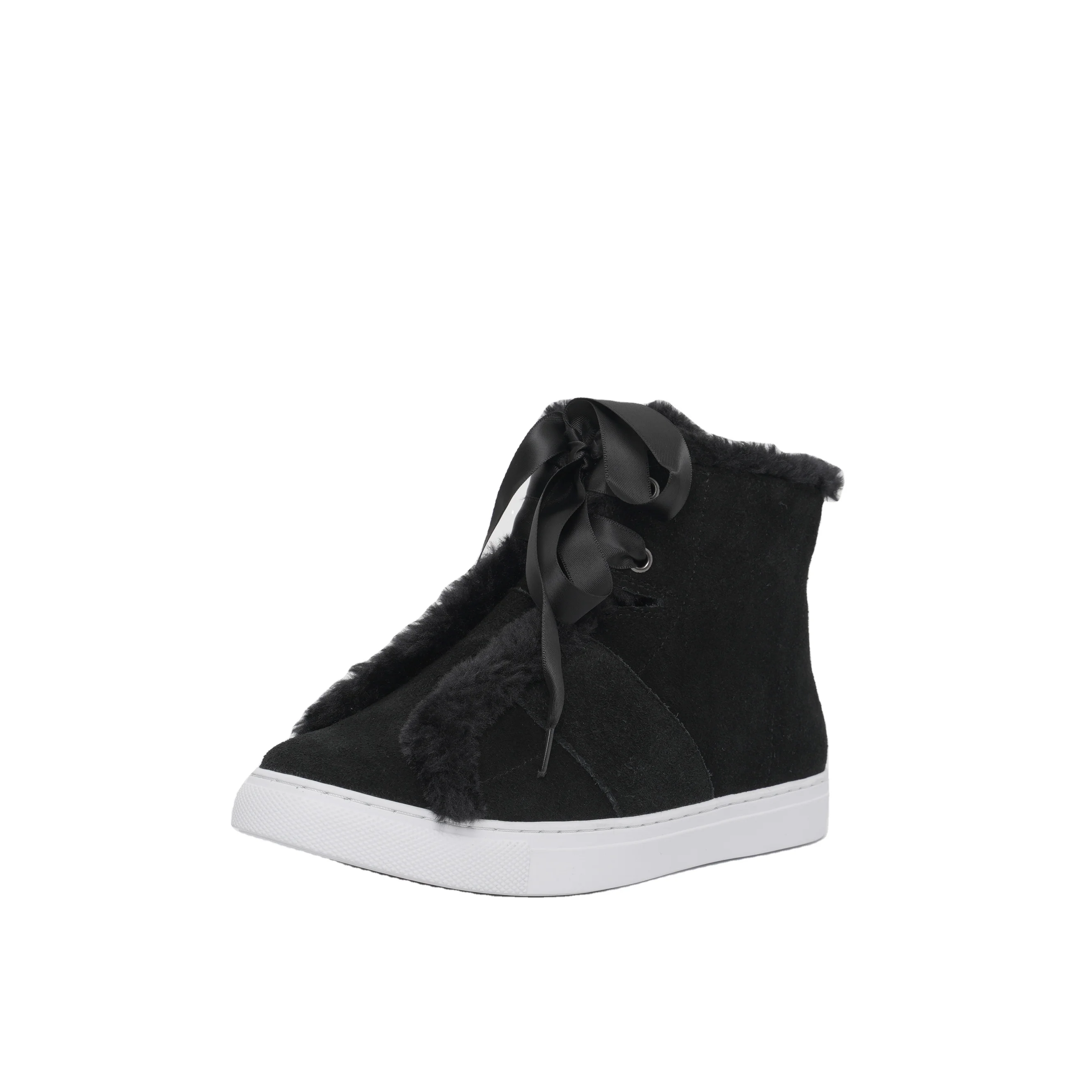 Drop Shipping Fashion Black Cow Suede Flat Fur Lace-up Ankle Booties For Women, Luxury Casual Leather Boots For Winter