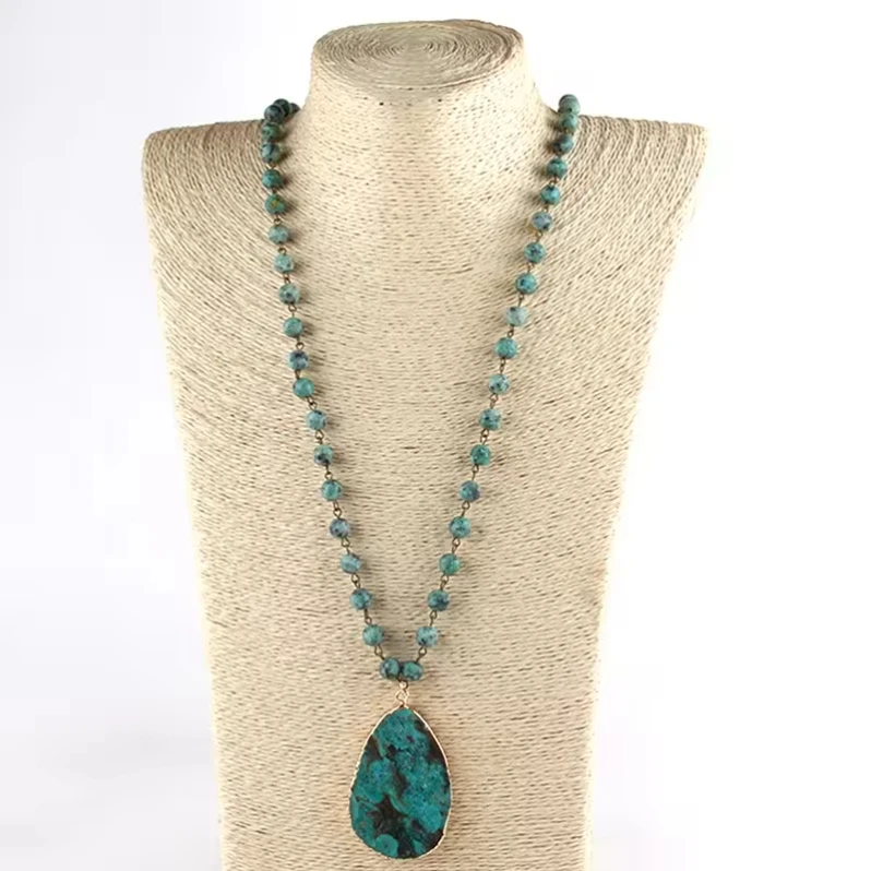 Fashion Boho Jewelry Women Bohemia 8mm Amazonite Crystal Glass Natural African Turquoise Stone Pendant Necklace