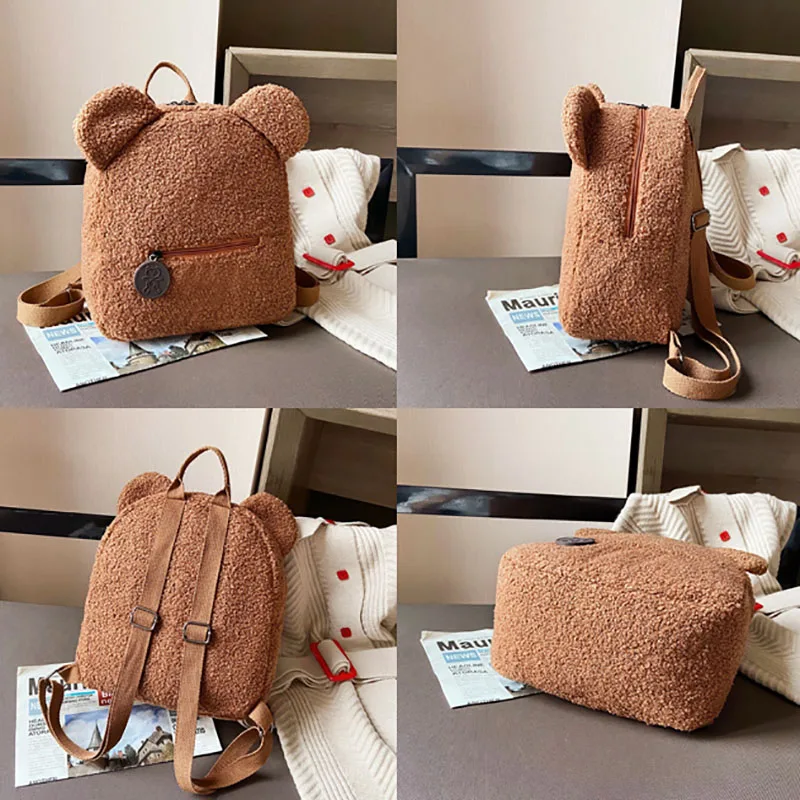 Kids Backpack For Girls Cartoon Bear Ear Plush Bag Fleece Boys Girls School Bags Fashion Korean Women Mini Cute Backpack Bags