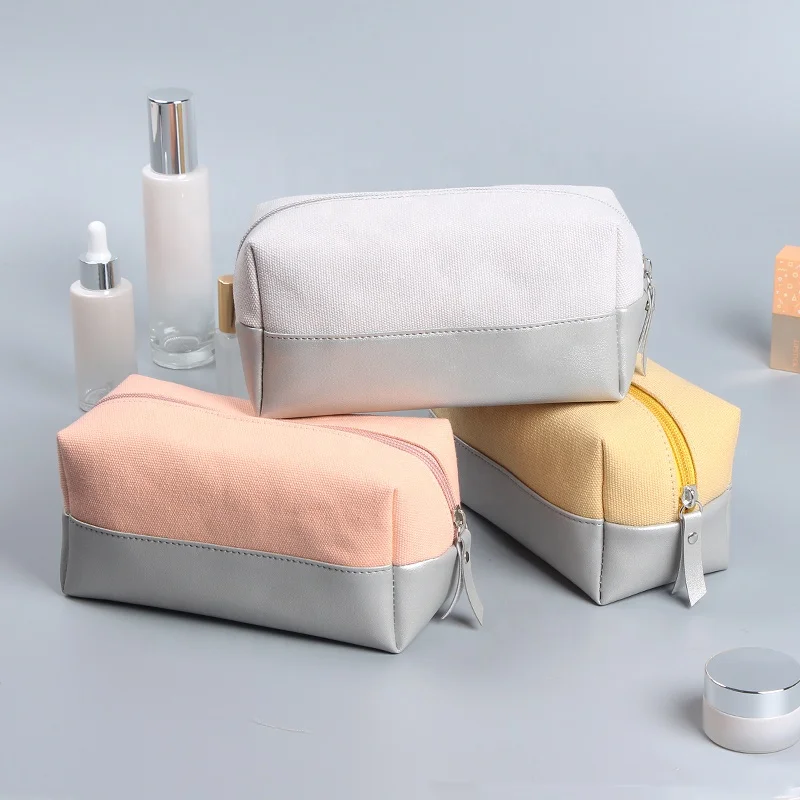 100% Cotton Matching PU Leather Cosmetic Toiletry Bag Eco Friendly Zipper Pouch with Logo Custom Travel Skincare Makeup Pouch