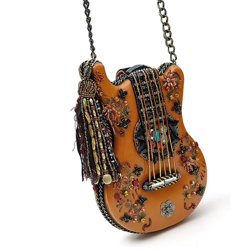 
New Handmade Handbags Guitar Style Bag Retro Casual Handmade Beaded Chain Small Bag 