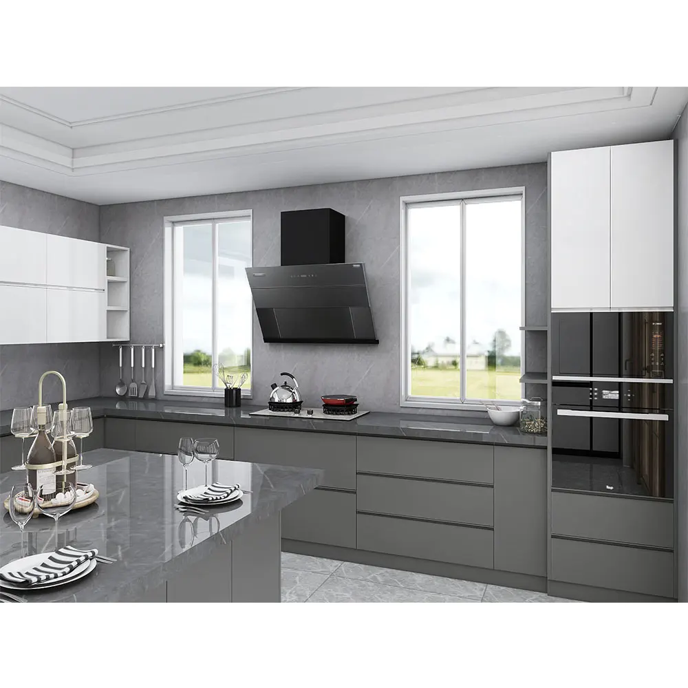 High Gloss Modern Kitchen Cabinet Designs Grey Base Cabinet and White Wall Cabinet