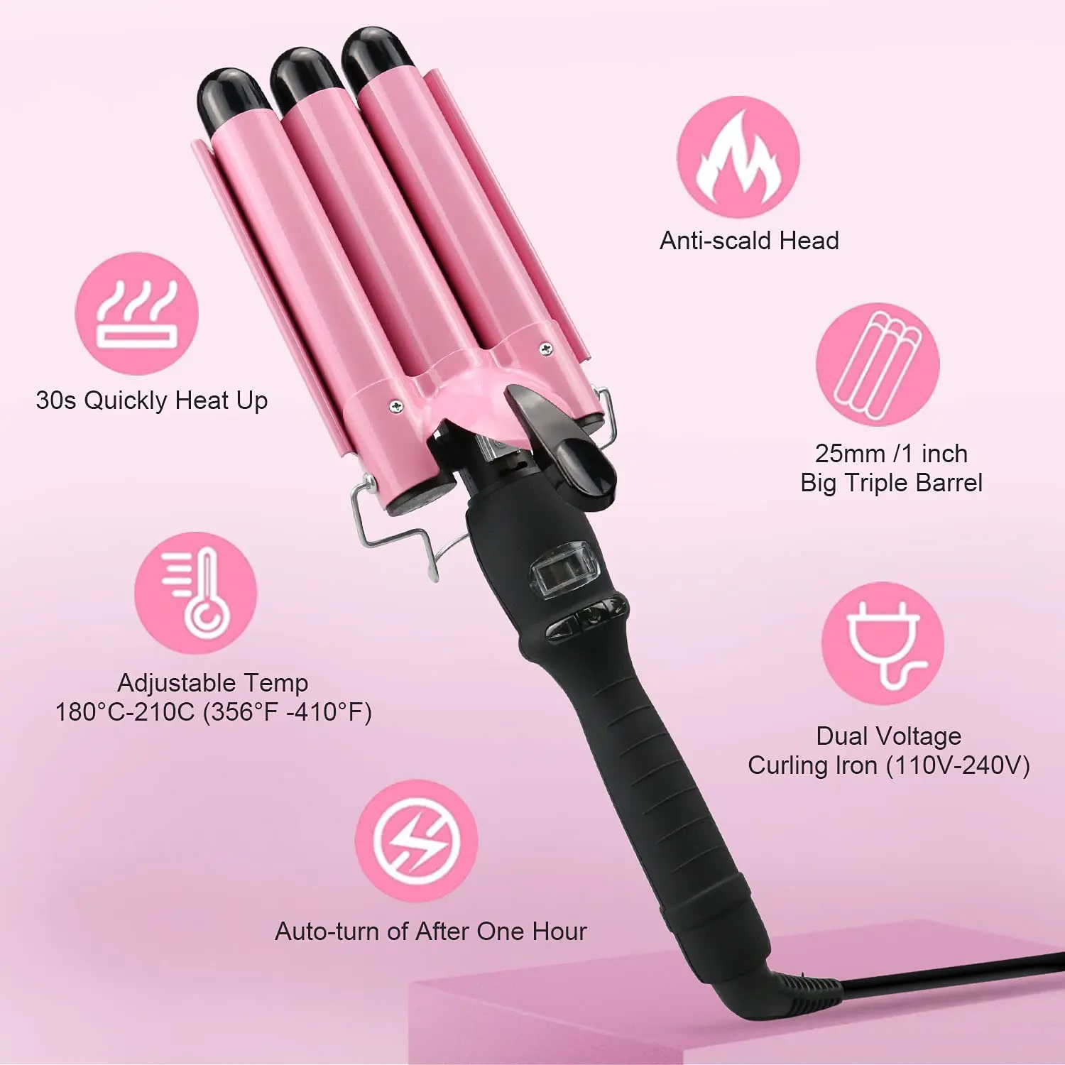3 Barrel Curling Iron Wand Dual Voltage Hair Crimper with LCD Temp Display Temperature Adjustable Portable Hair Waver Heats Up