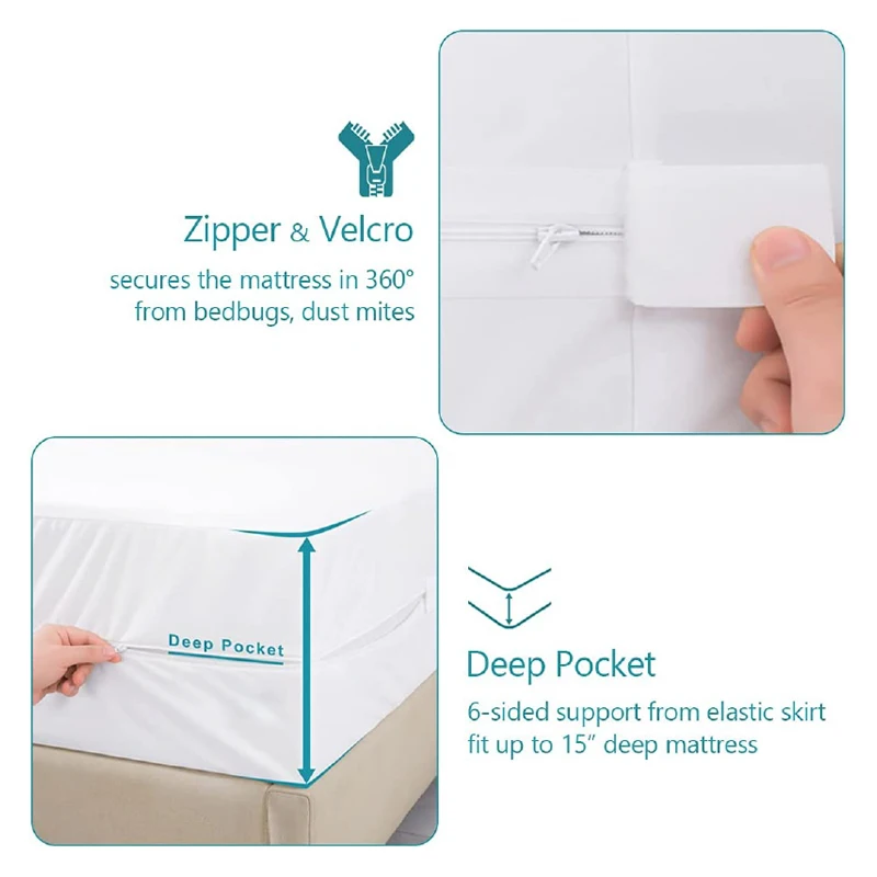 Zippered Mattress Encasement Water Resistant Mattress Cover Absorbent Breathable and Stretchable 6-Sided Mattress Protector
