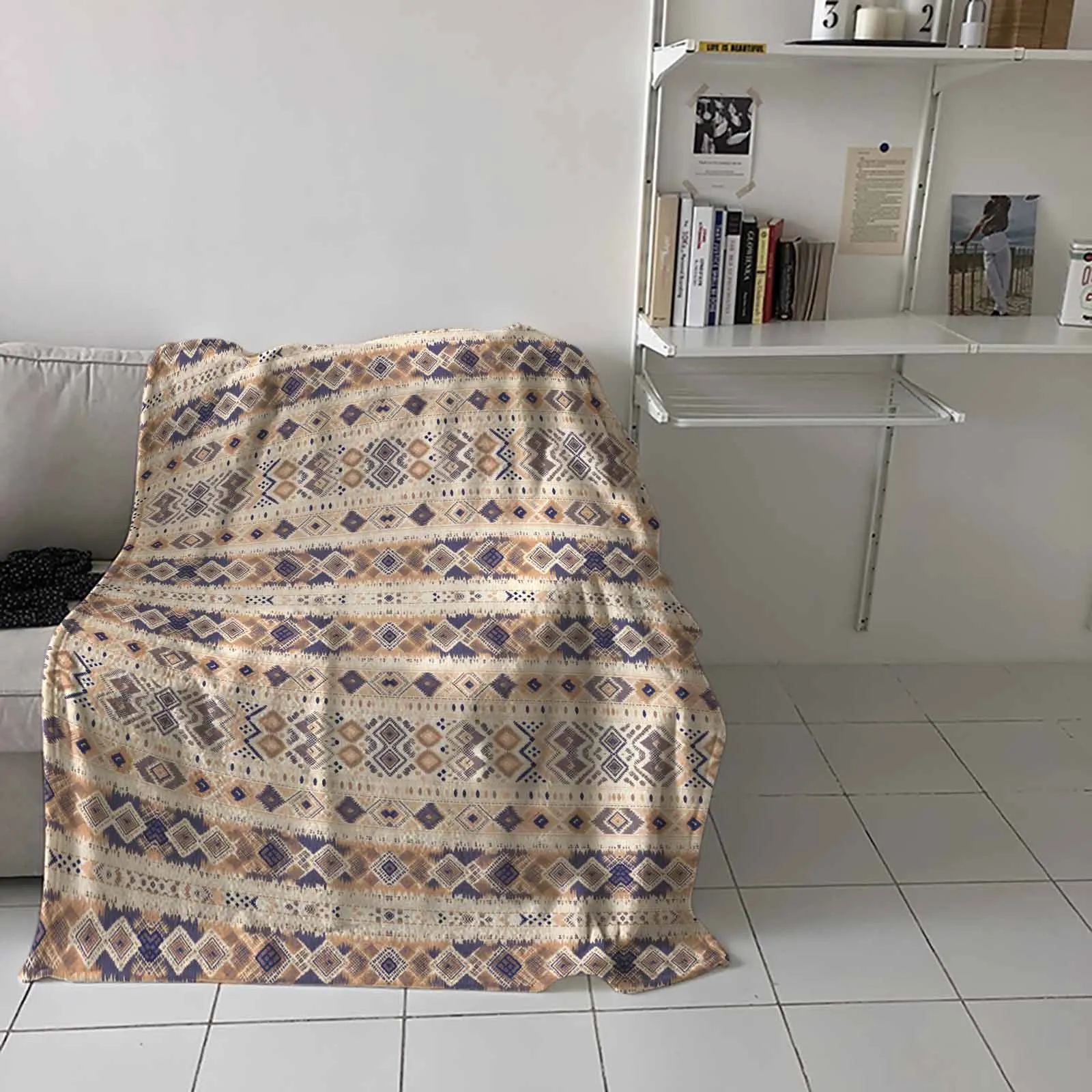 Beige Southwestern Native Tribal American Geometric Vintage Flannel Soft Blanket Cover for Couch Chair Bed Outdoor Travel