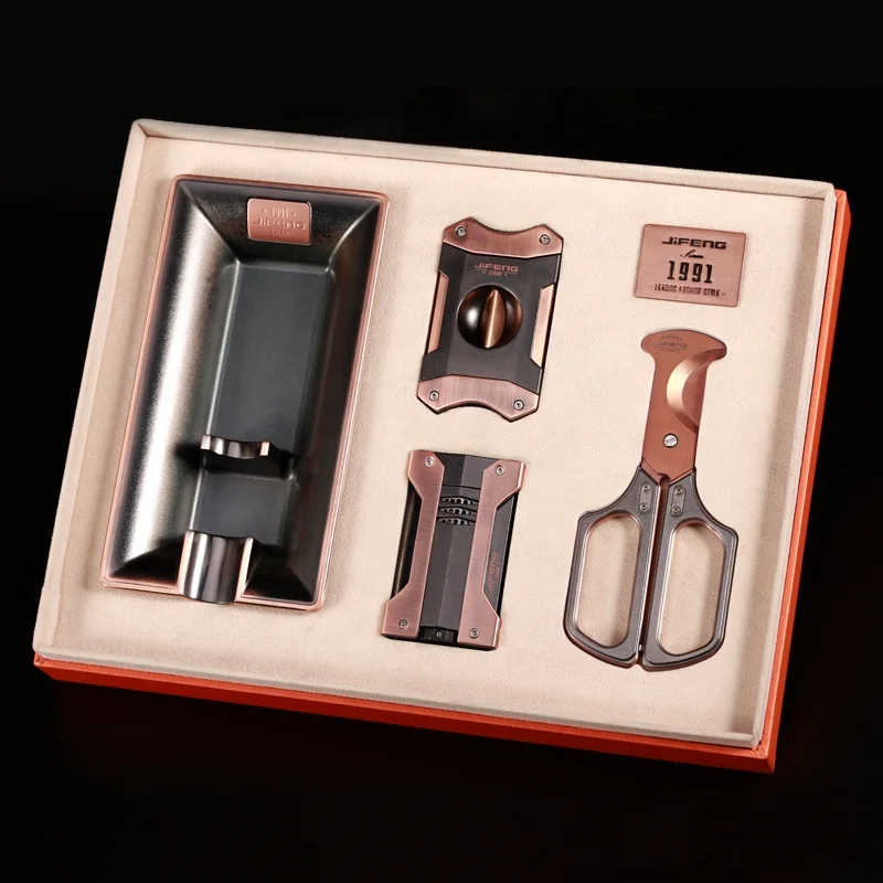 JIFENG JF-TZ252 new technology Luxury classic 4 in 1 Cigar Accessories Gift Set with Cigar Cutter ashtray sets