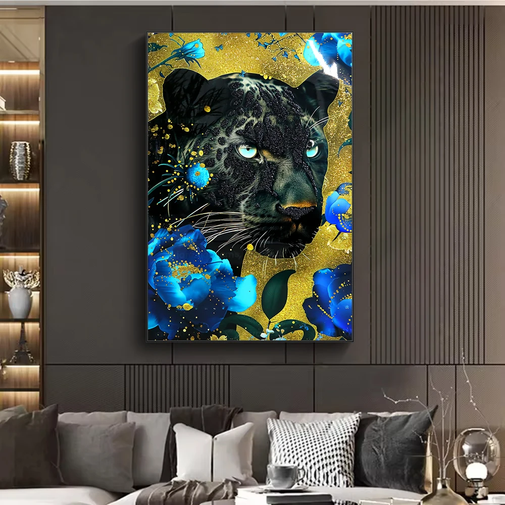 Home Decor Black Gold Animal Painting Cheetah poster Wall Art Crystal porcelain 3D gold leaf diamond painting
