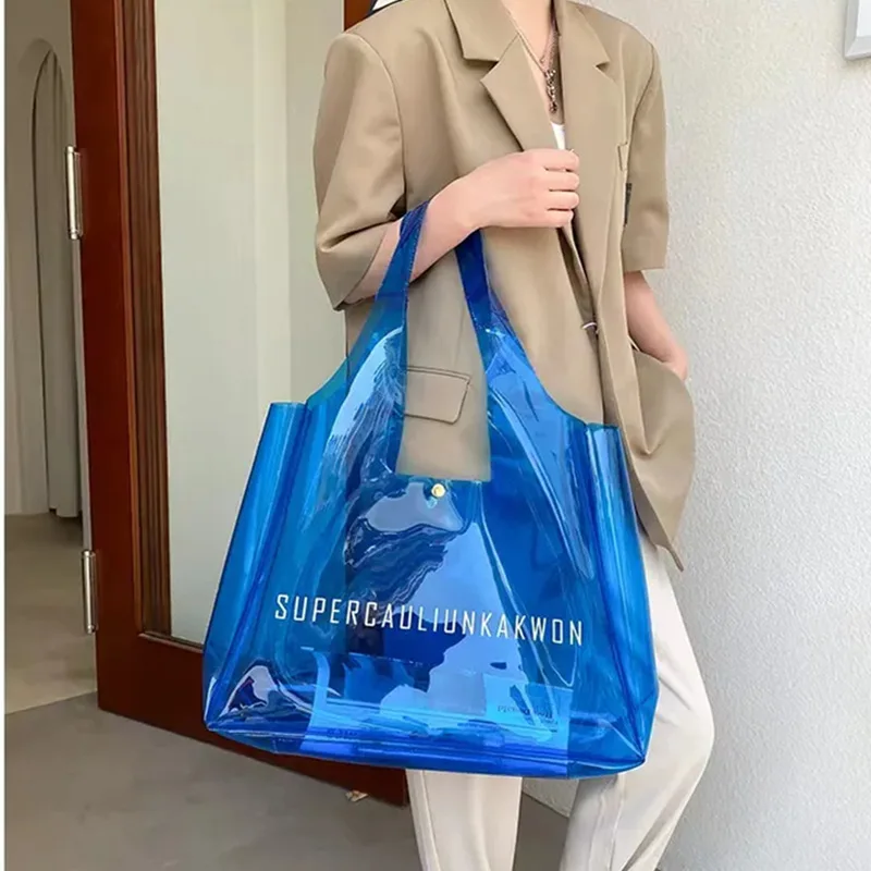 Fashionable Custom Logo Durable waterproof Large Capacity Beach Purple Gray Yellow Shoulder Clear Colored PVC Beach Tote Bag