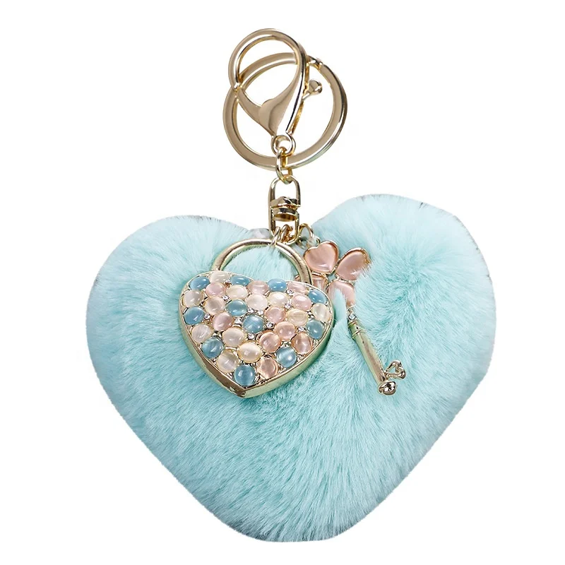 New Heart Shape Keychain Pom Pom Key Holder Bag Accessory Keyring Backpack Charms for Girls