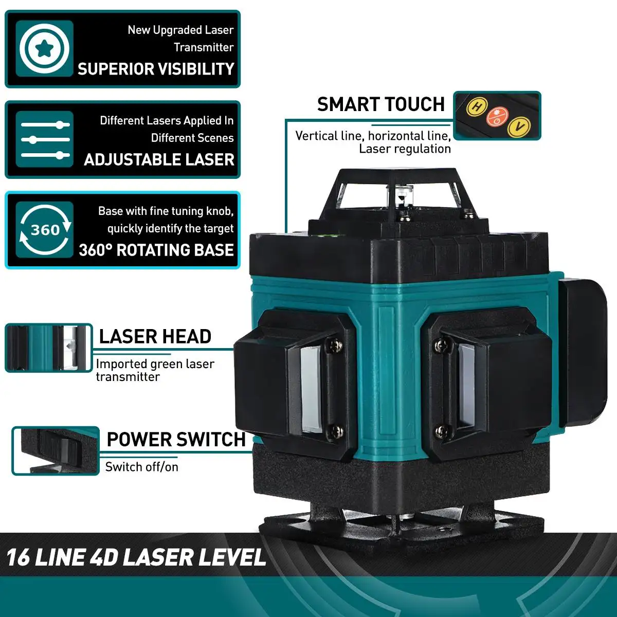 16 Lines 4D Laser Level Vertical Horizontal Cross Line Self-leveling Laser Level 360 with Extension Bar Tripod Stand