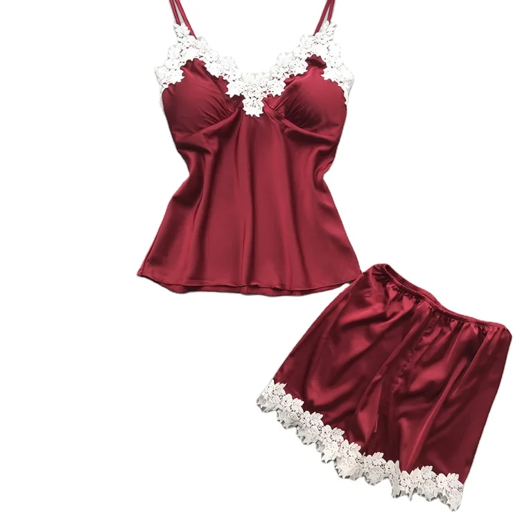 China Supplier Sexy Sleeveless  2 Pieces Satin Pajamas Set