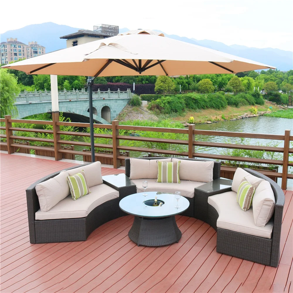 Outdoor flexible combination of aluminum rattan sofa includes double sofa and two side tables and a table