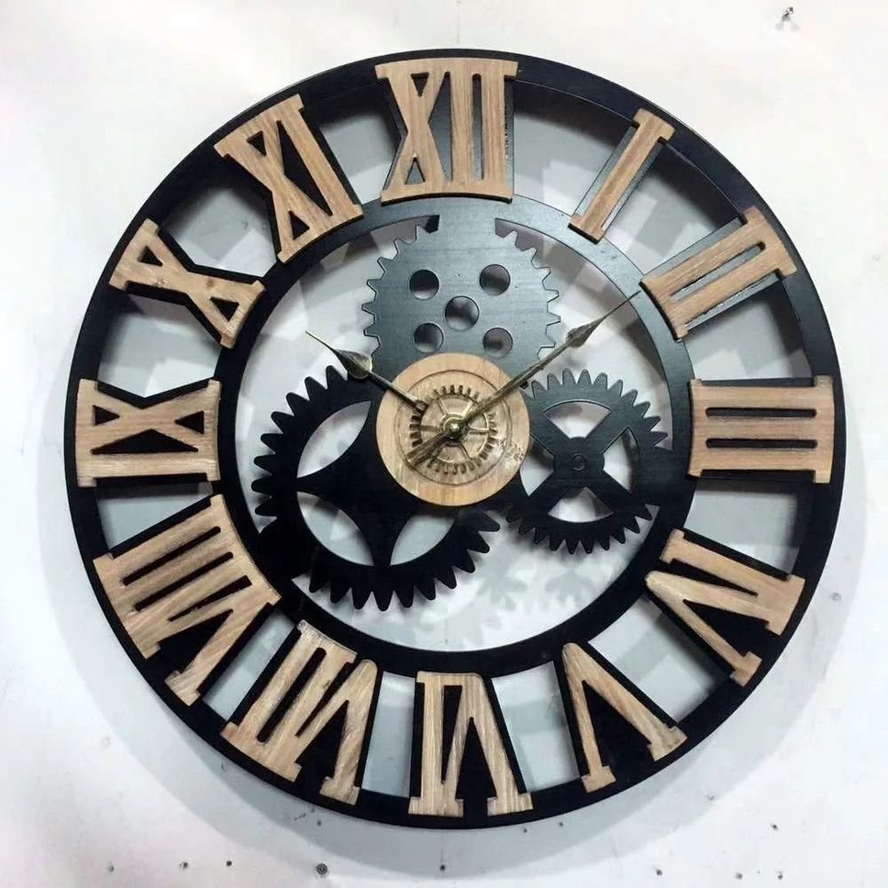 Best Seller Industrial DIY Black Moulded Metal Frame Farmhouse Gear Decorate Wall Clock with 3D Raised Wood Roman Numerals