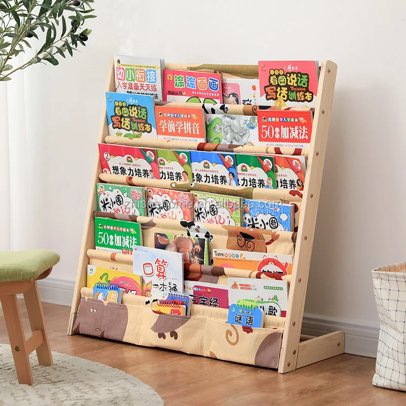 
modern 7 tiers solid wood fabric display book shelf bookcase for kids 