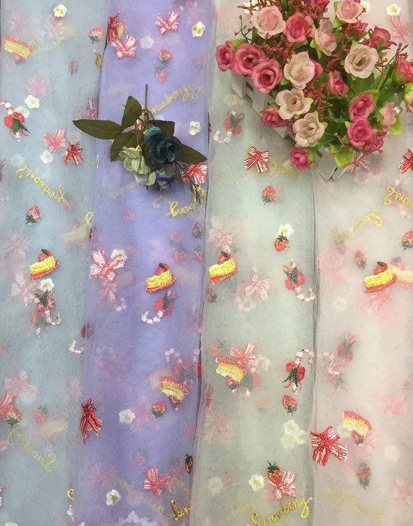 Рождественская вышитая Клубничная торта, тюль, Детская вышитая кружевная тюль, свадебное платье, кружевной тюль