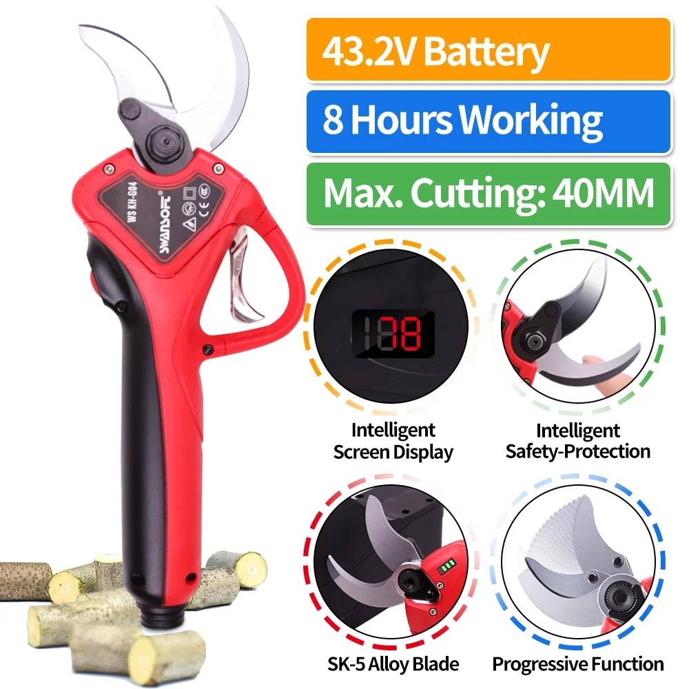 SWANSOFT 40mm LCD battery powered cord electric pruning operated tree prunner cutting scissors pruner shears progressive cutting