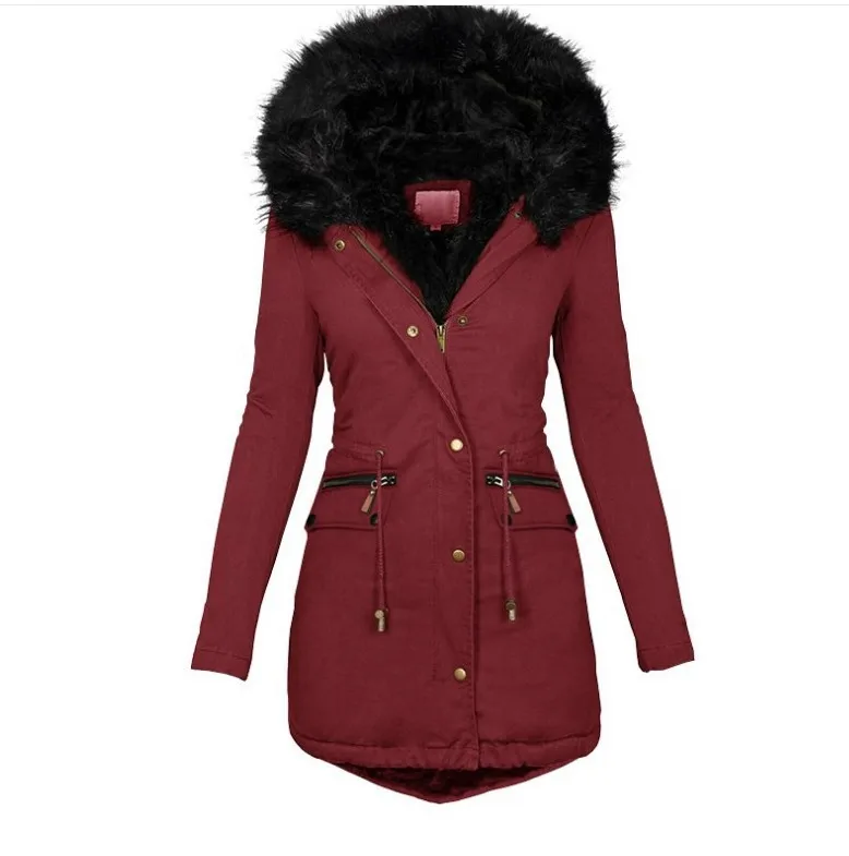 High Quality  2021 Winter Women Pure Color Fur Collar Hooded Medium Length Warm Cotton Padded With Pockets