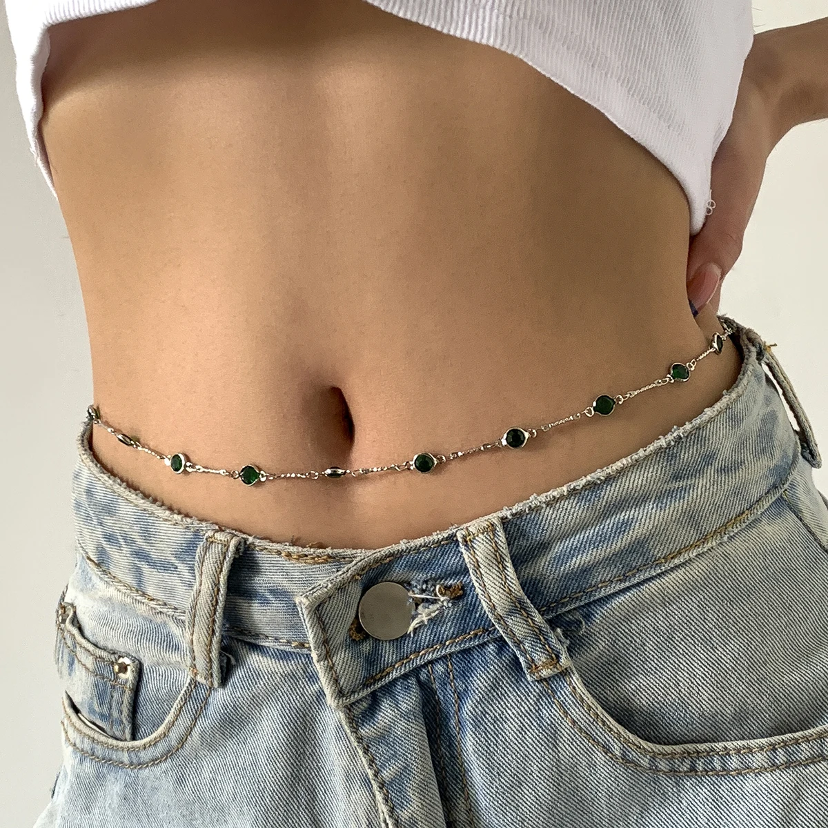  SHIXIN New Popular Green Rhinestone Beaded Waist Chain Retro Shiny Crystal Link Belly Wholesale Body for