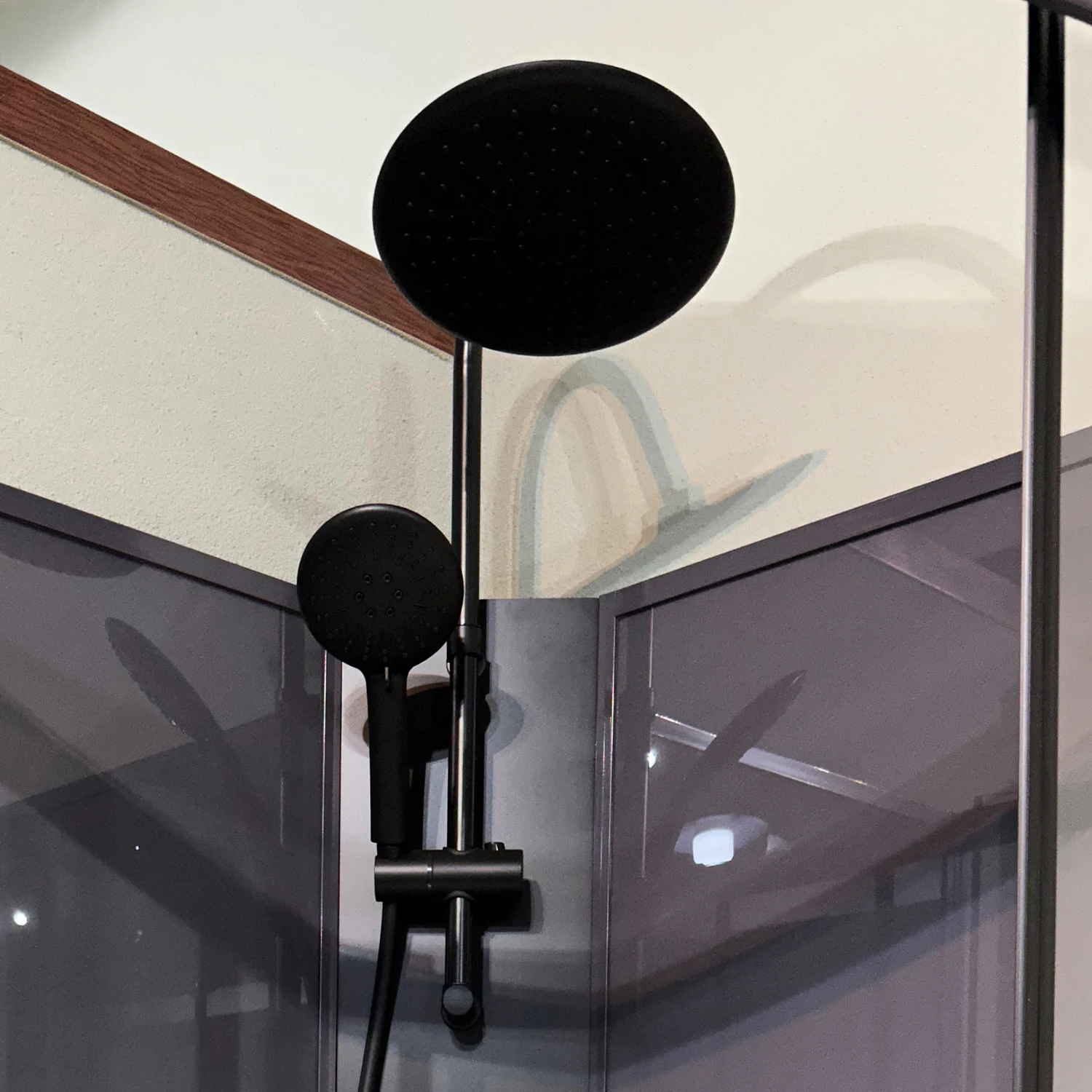 Sliding Open Style ABS Sector 5mm Tempered Glass Hand Shower Faucet Grey Glass Back Panel Black Aluminum Profile Shower Room