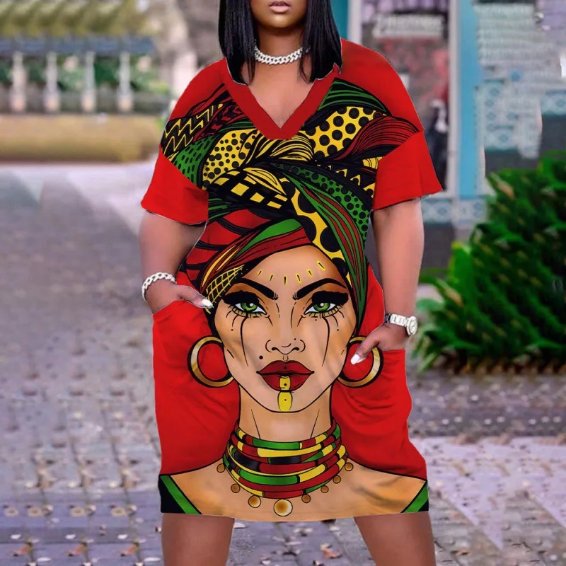 Летнее свободное платье для женщин с V-образным вырезом и 3D принтом богемное Повседневное средней длины большого размера готическим африканской