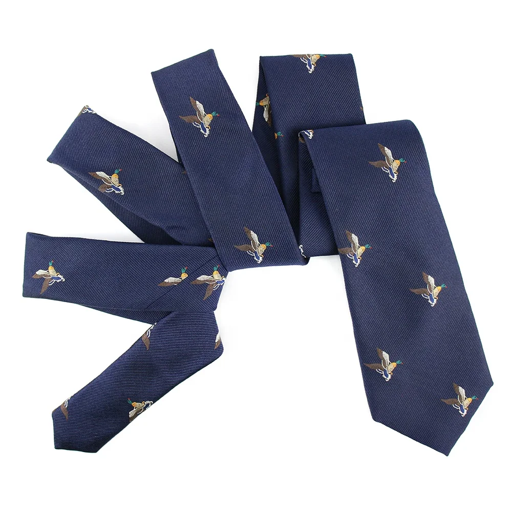 Custom Wild Duck Pattern Polyester Tie Navy Blue Animal Jacquard Woven Cheap Neckties