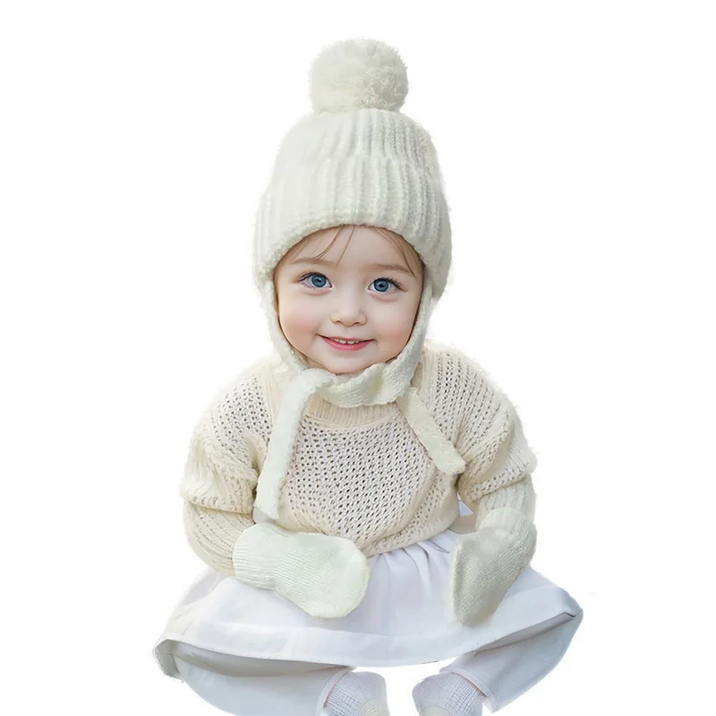 Winter fashion baby kids knitted hats lovely pompom acrylic braid hats and mittens custom children knit beanies