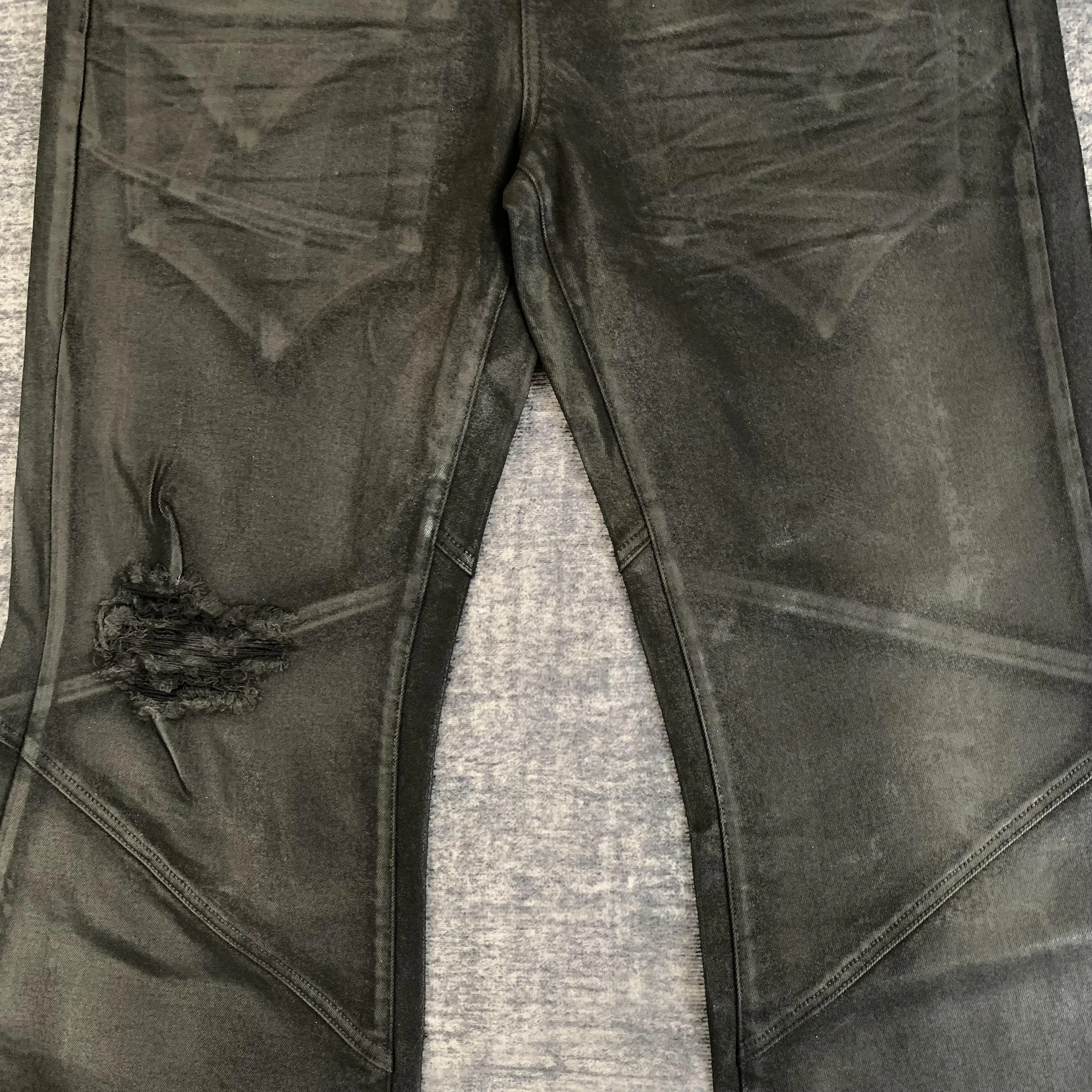 DENIMGUYS High-End Waxed Flared Jeans Men Wax-Coated Hip Hop Street Style Baggy Distressing Waxing Denim Bootcut Pants
