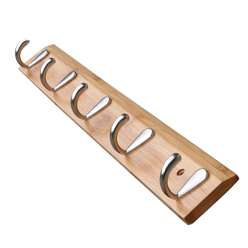 Bamboo Farmhouse Wall Mounted Coat Rack with 5 Hooks Wood Clothes Hanger for Bathroom, Living Room, Bedroom