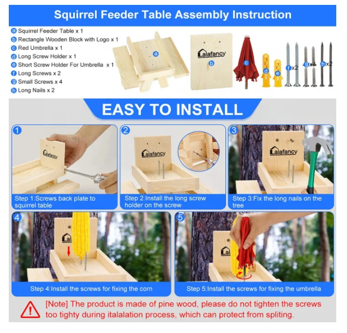 Wooden Pet Feeding Outdoor Garden Pendant Squirrel Table Wood Squirrel Feeder