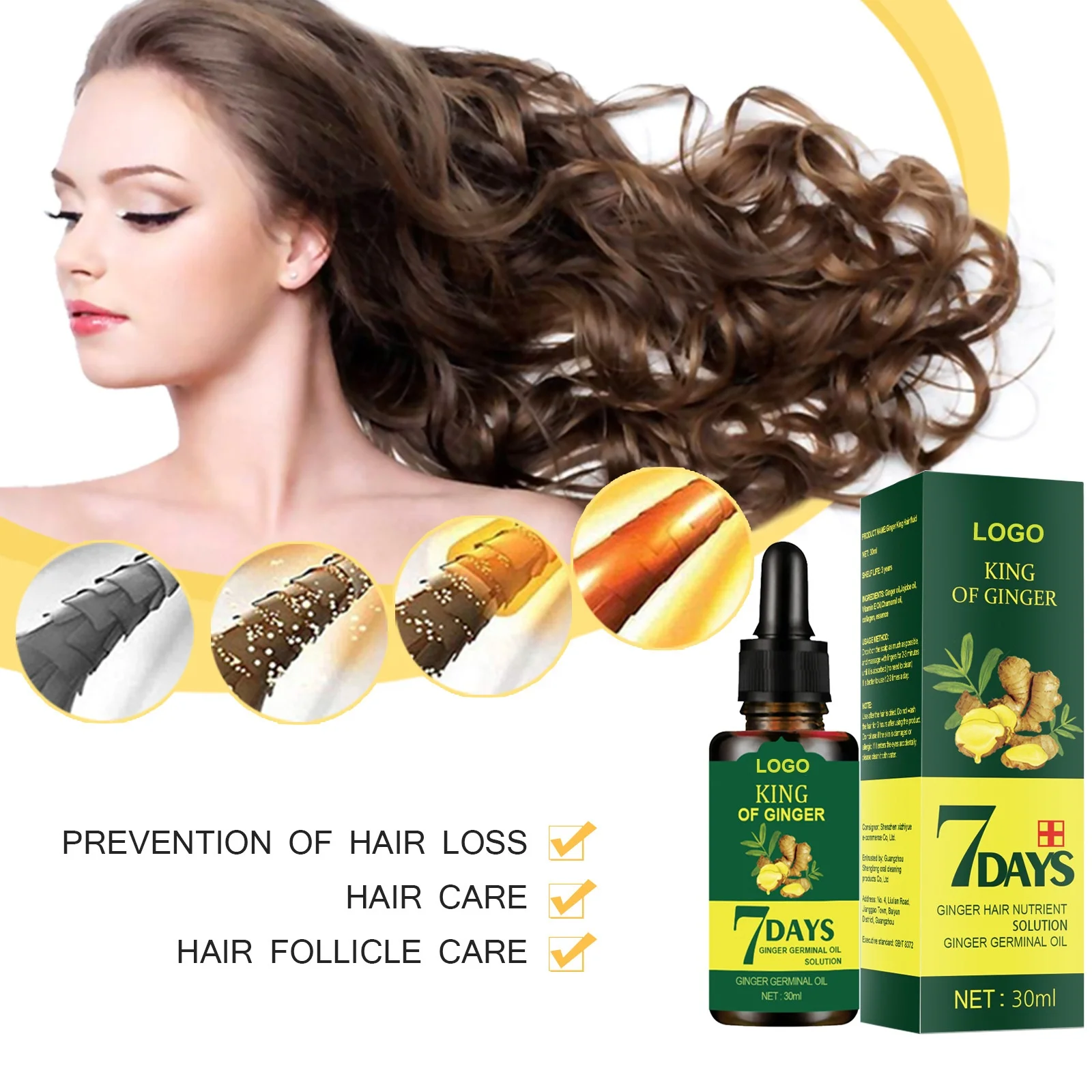 Private Label Natural Organic Hair Care Loss Treatment Serum Anti Hair Loss Promote Hair Growth 7 Days Ginger Essential Oil