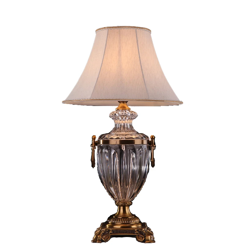 Brush Brass Crystal Vintage Table Lamp Fabric Lampshade Light Crystal with Off White LED Glass OEM ODM Service Bronze Standard