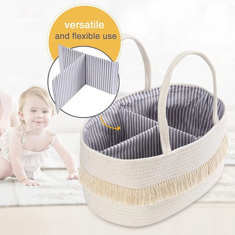 Newborn Baby Shower Basket Cotton Rope Diaper Caddy Organizer With Tassel