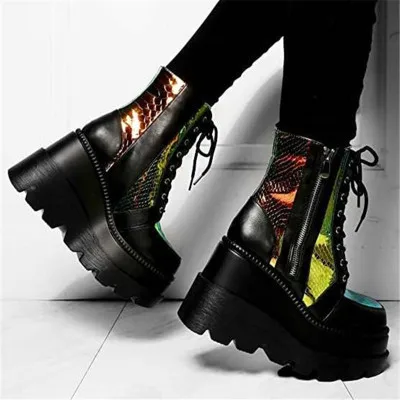 High Quality Breathable PU Wedge Heel Boots Round Toe High Ankle Motorcycle Women Boots