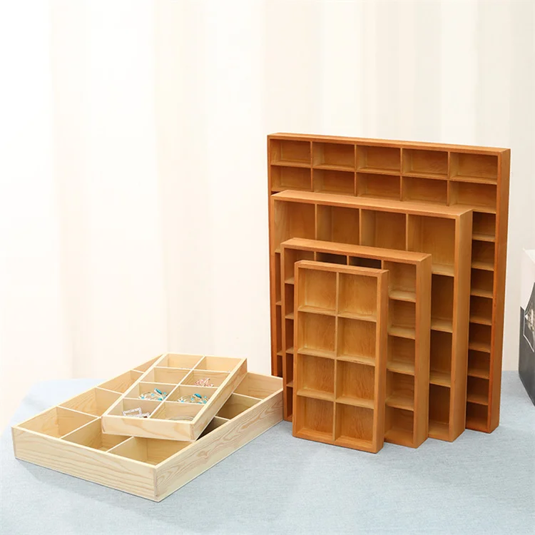 Wooden Sorting Tray Grid Display Wood Divided Organizer Brown Finished Section Box With Compartments and Dividers,Wooden Storage