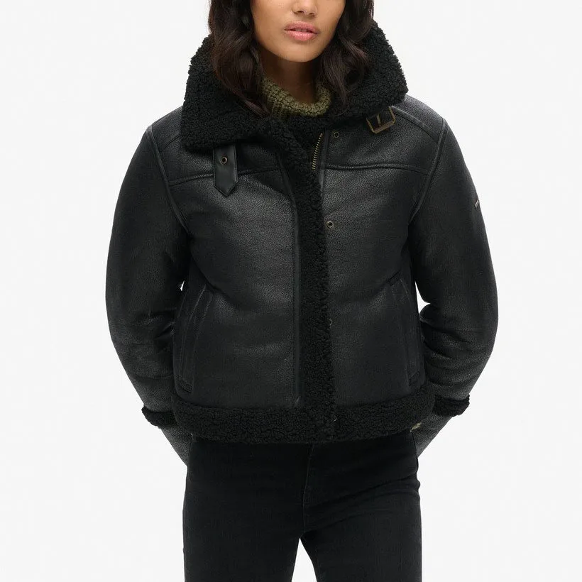 Vintage Fashion Women Cropped Shearling Bomber Sherpa Jacket Winter Warm Fleece Coat Aviator Leather Jacket Women