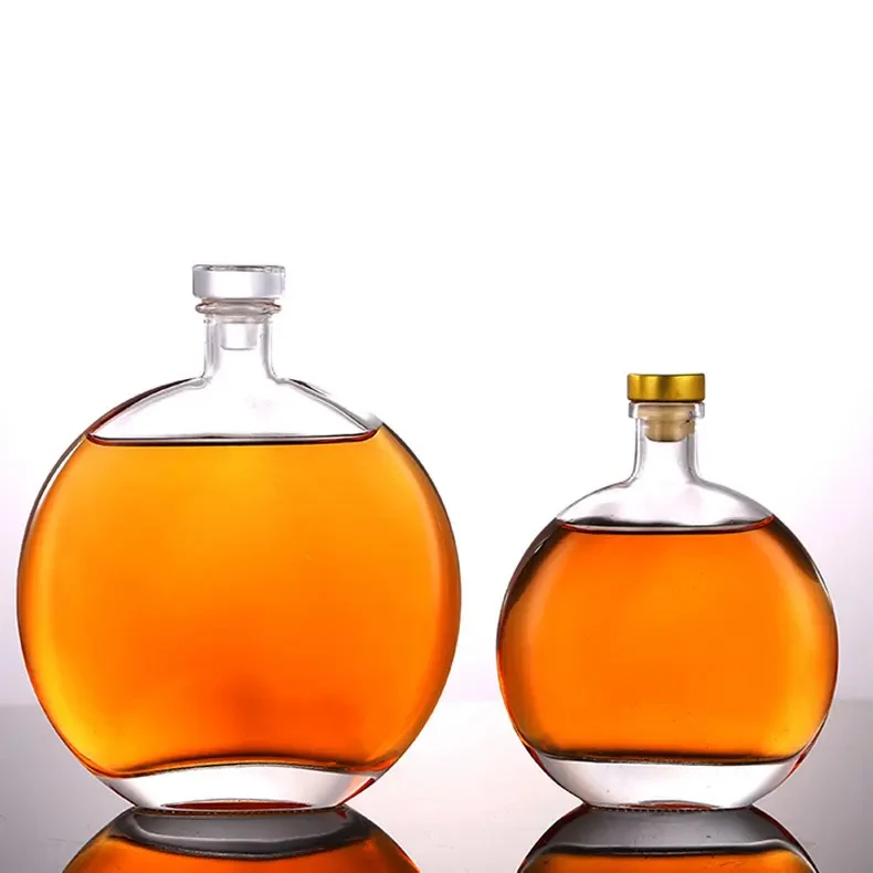 Flat Round Glass White Wine Ice Fruit Wine Bottle High Quality Glass Beverage Gin Liquor Bottle Vodka Spirit Glass Bottle 500ml