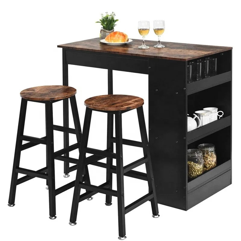 Luxury fancy strong bar table set with high back chairs table bar caffe set funiture  wood high bar counter table sets modern