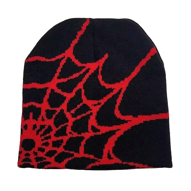 Spider Web Pattern Beanie Gothic Acrylic Knitted Hat Casual Streetwear Outdoor Beanies for Men
