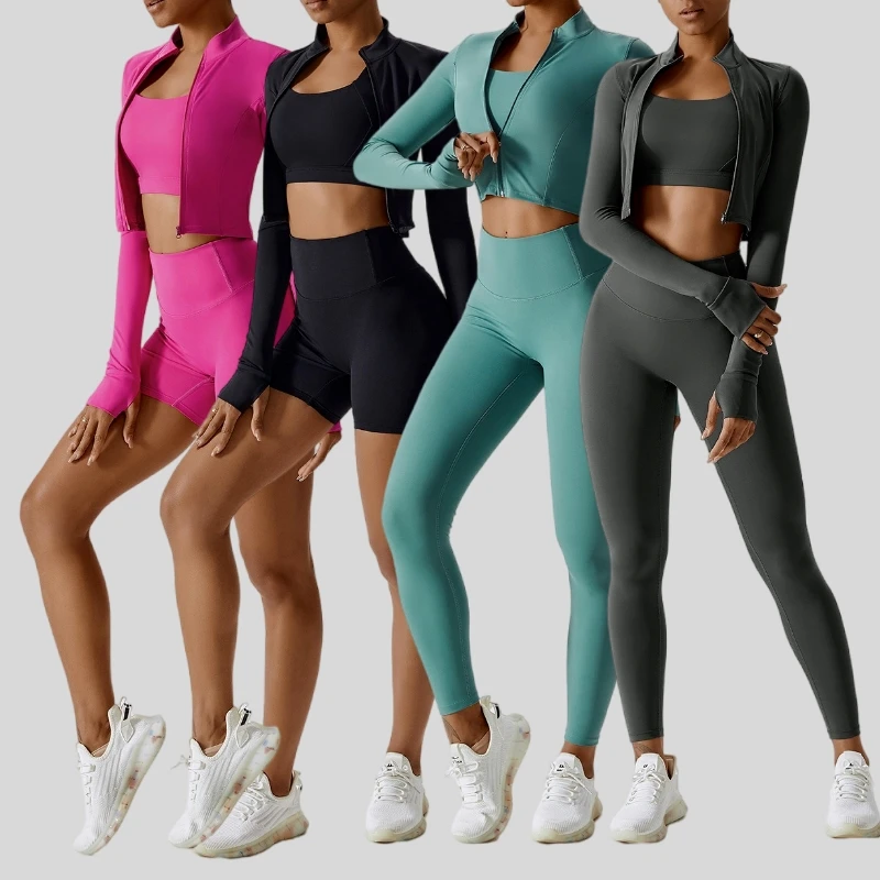 3 PCs Sports Set Long Sleeve Workout Coat Open Back Bra Gym Shorts Lift Buttock Yoga Leggings Women Sport Suit Active Wear Set