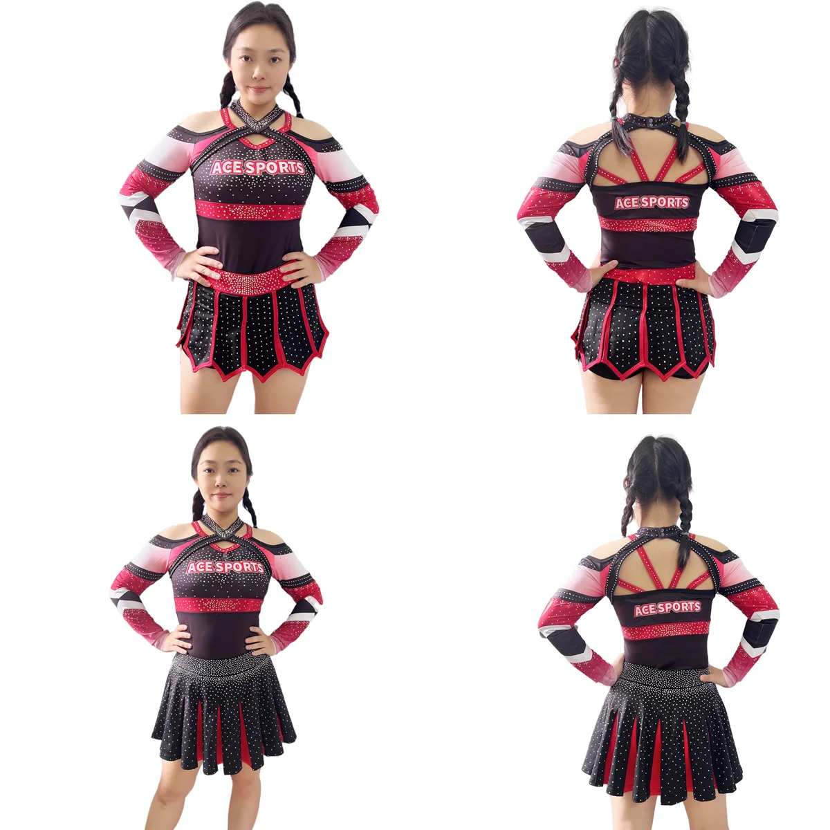 High Quality Students Red Skirts Adults Cheerleader Uniform Sparkle Long Sleeve Cheerleading Uniforms