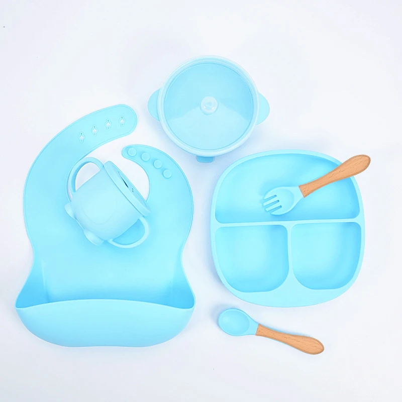 NEW Weaning Set Baby Tableware Bib Plate Suction Bowls Silicone Baby Feeding Set