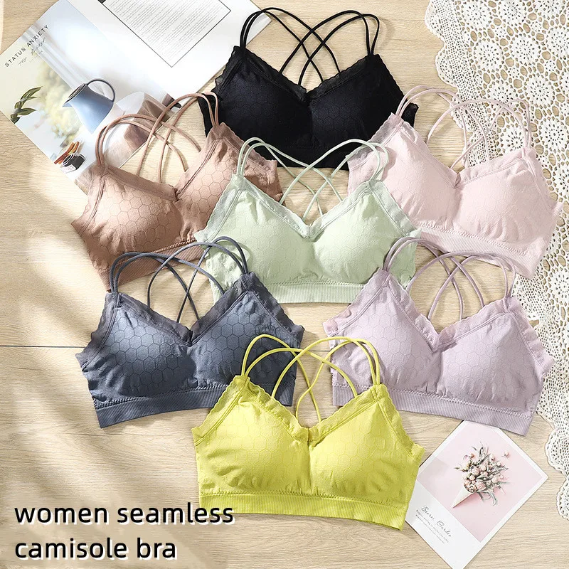 Ladies Seamless Sports Bra Lace Wire Free Yoga Latex Chest Pad Cross Back Bra