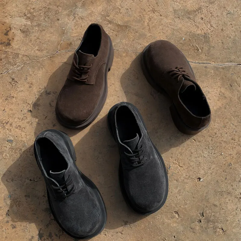 Xinzirain Custom Female Chunky Loafer Round Toe Cowhide Suede Lace Up Thick Sole Women High Heel Derby Dress Shoes