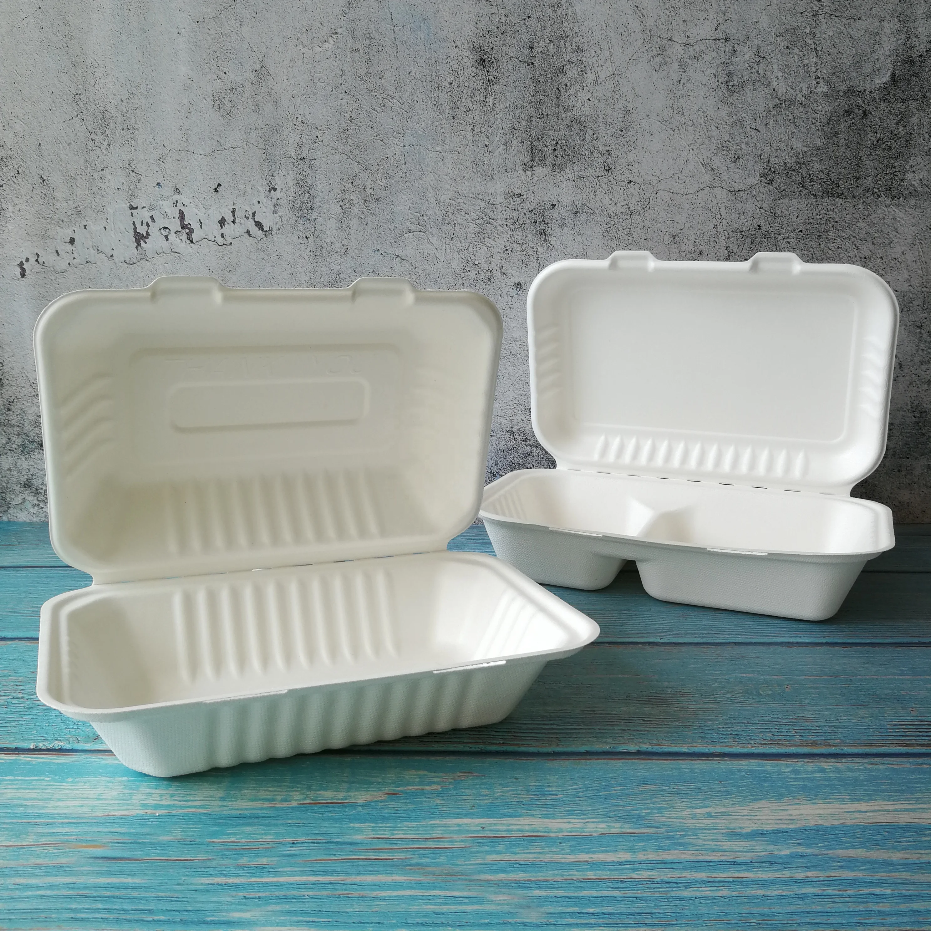 Disposable Eco Friendly Takeaways Containers Biodegradable Sugarcane Paper Food Container Clamshell To Go Burger Box