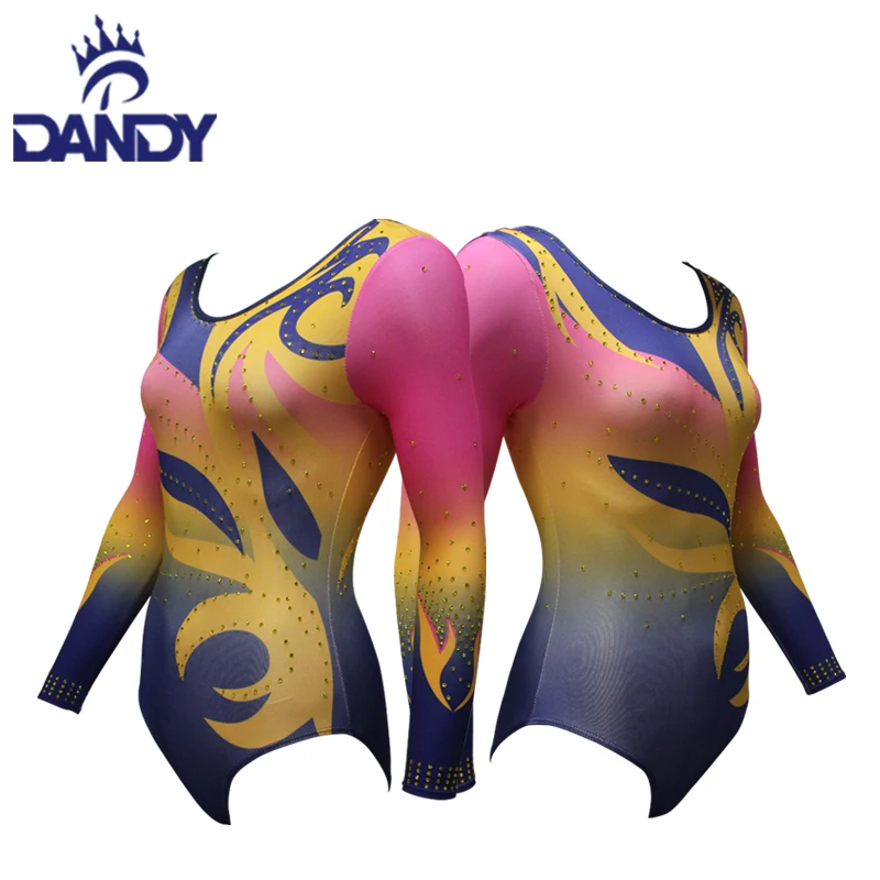 Wholesale Custom Long Sleeve Rhythmic Ballet Gymnastics Competition Leotard Shiny Crystal Kids Gymnastics Leotards