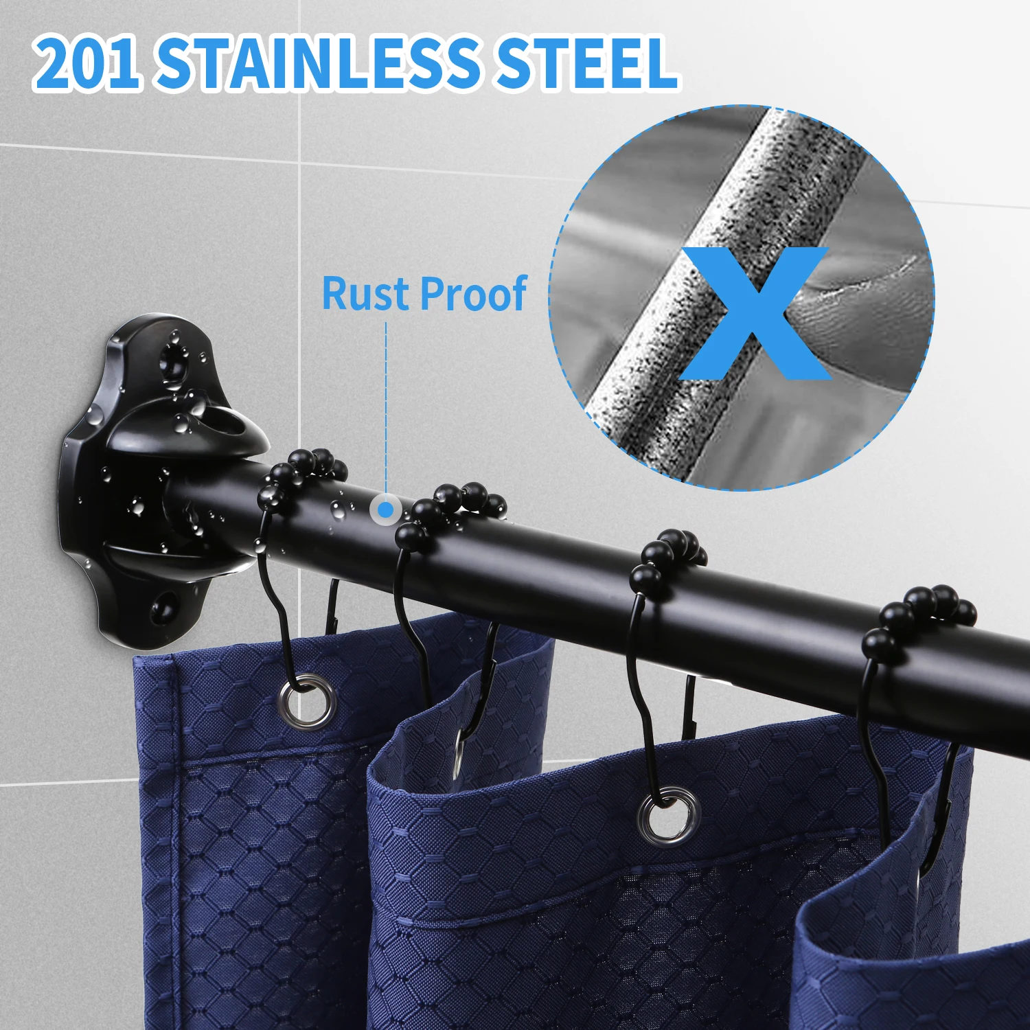 Curtain Rod Factory Price Adjustable Black Extra Long Curved Shower Curtain Rod SS304