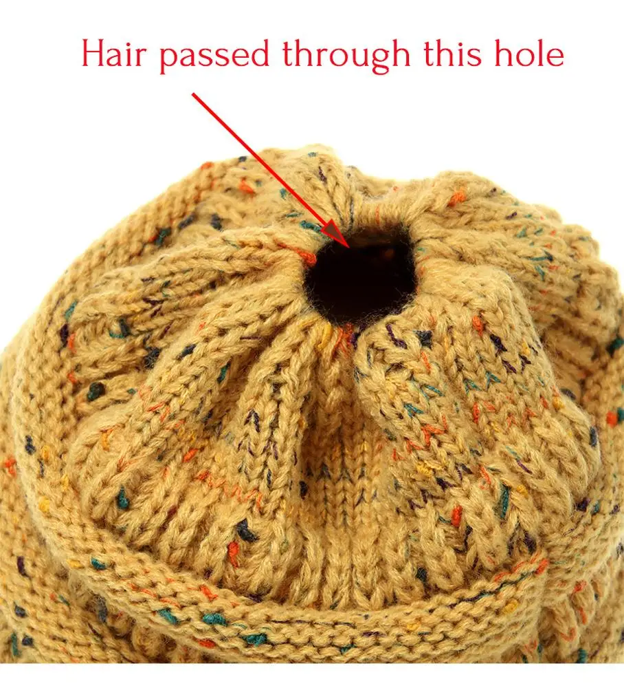 Women style winter design acrylic multifunction confetti messy bun ponytail beanie hat with hole