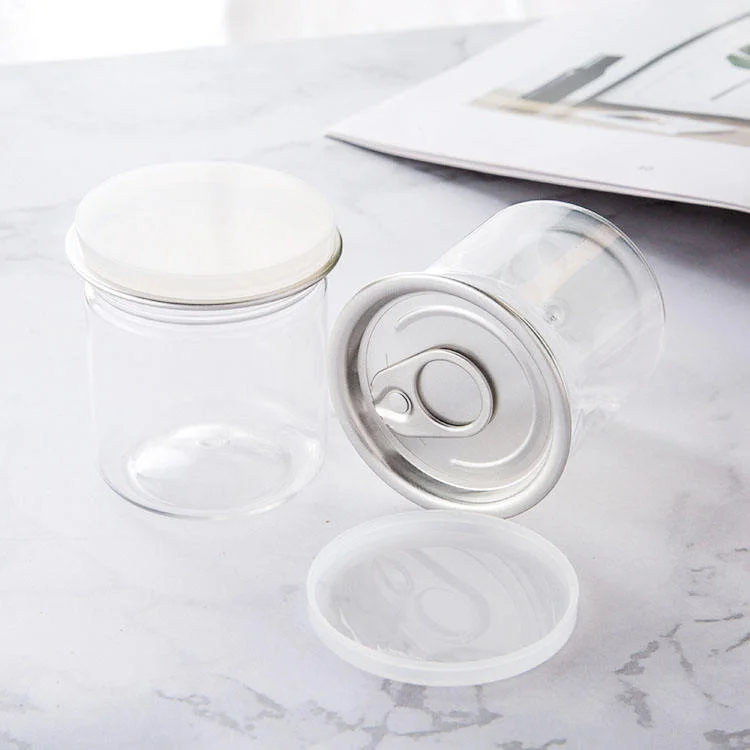 Empty Transparent Easy Open Plastic Can With Aluminum Lid