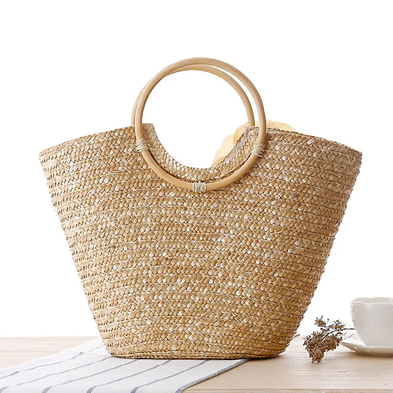 Hot selling bolsos vacation handbag with round handle Bohemia rattan beach bag floral basket straw bag